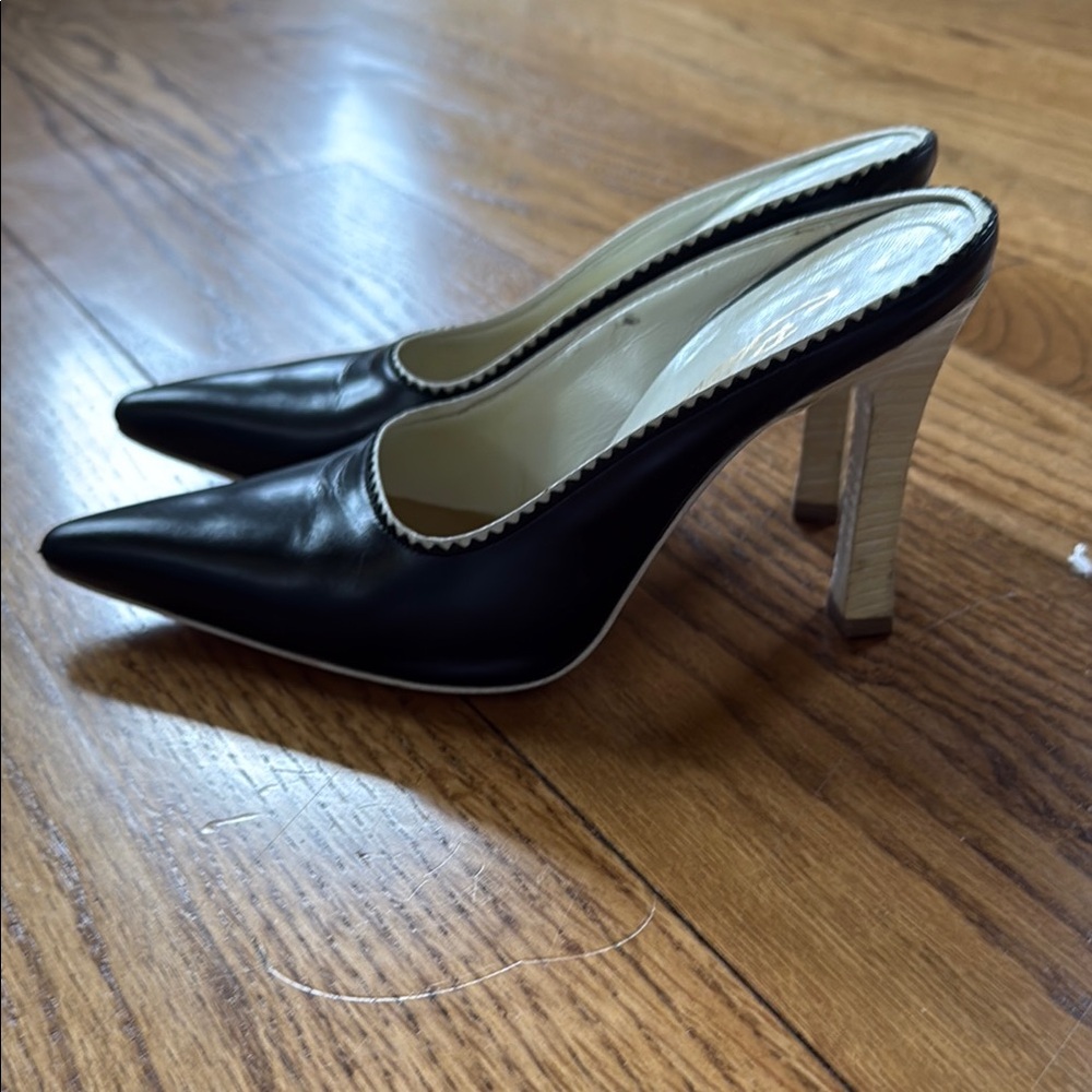 Black Pointed Toe Slip-On Mules with Cream Trim